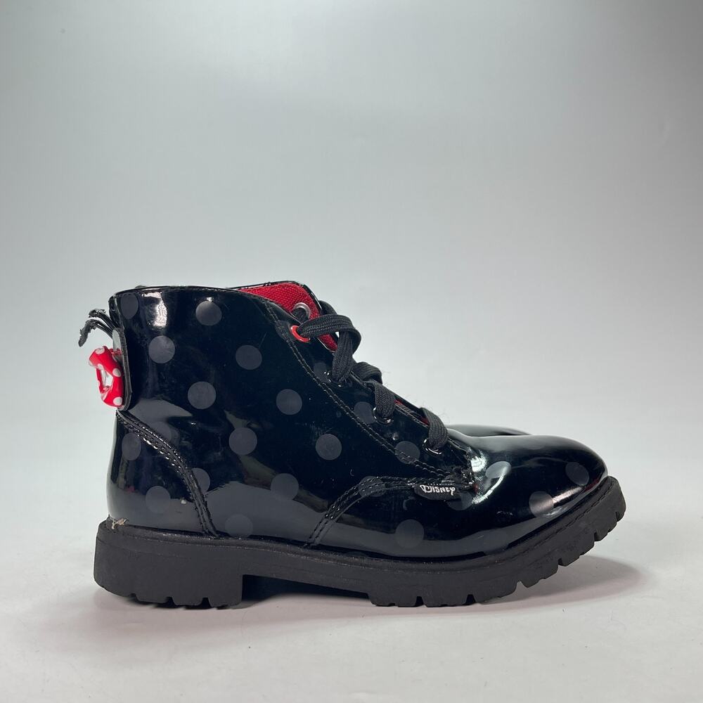 Disney Minnie Mouse Glossy Black Patent Bow Polka Dot Combat Boots Kids Size 11